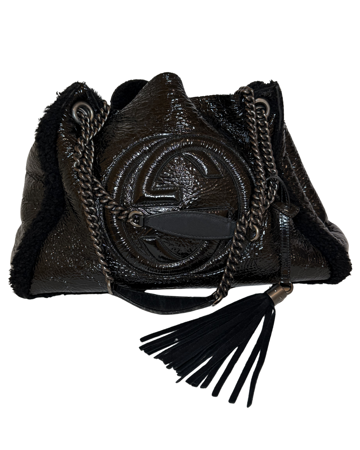 Gucci Interlocking G Soho, Black Patent Leather w/ Shearling accent and gunmetal
