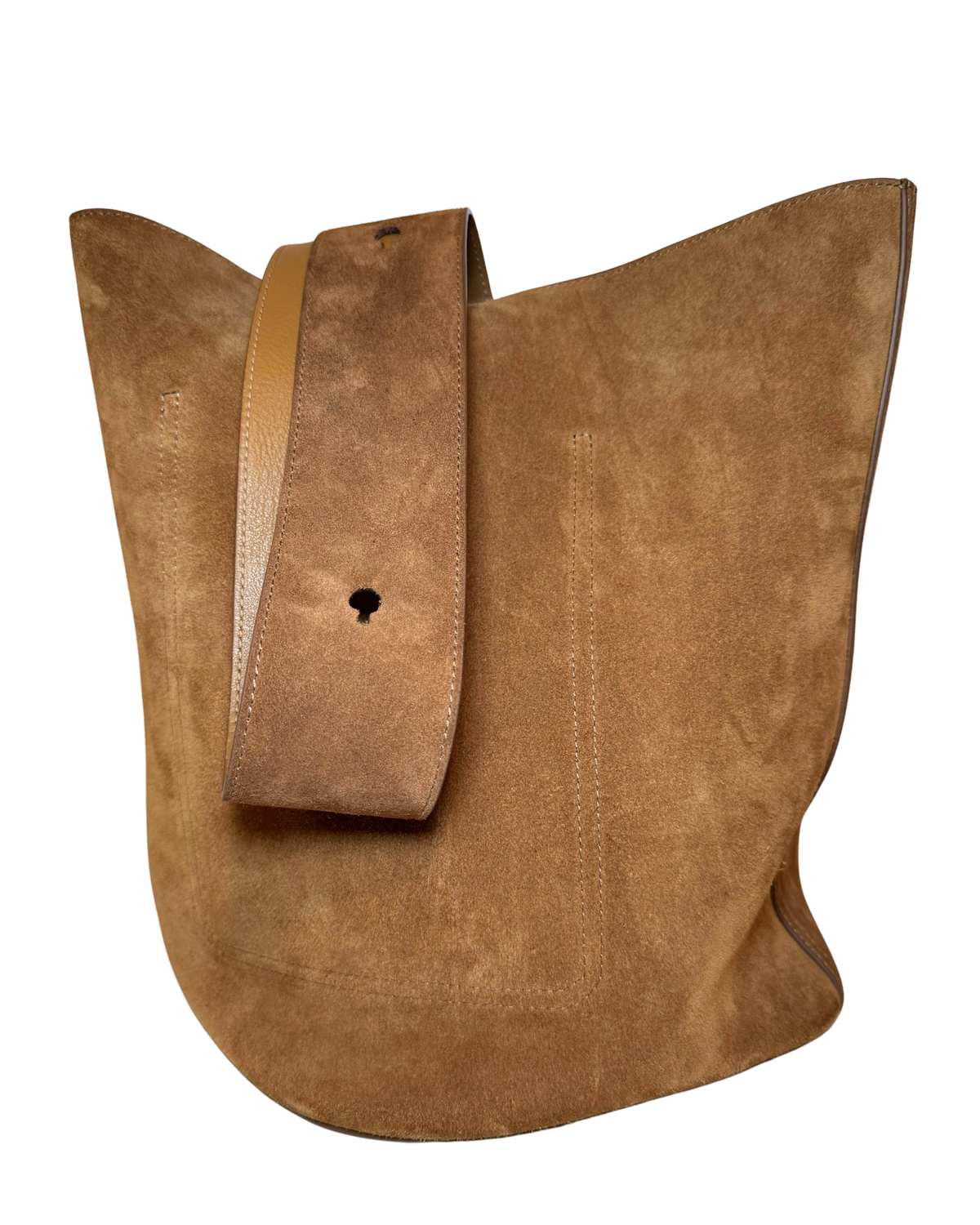 A large brown suede shoulder bag with a wide strap, shown against a plain white background.