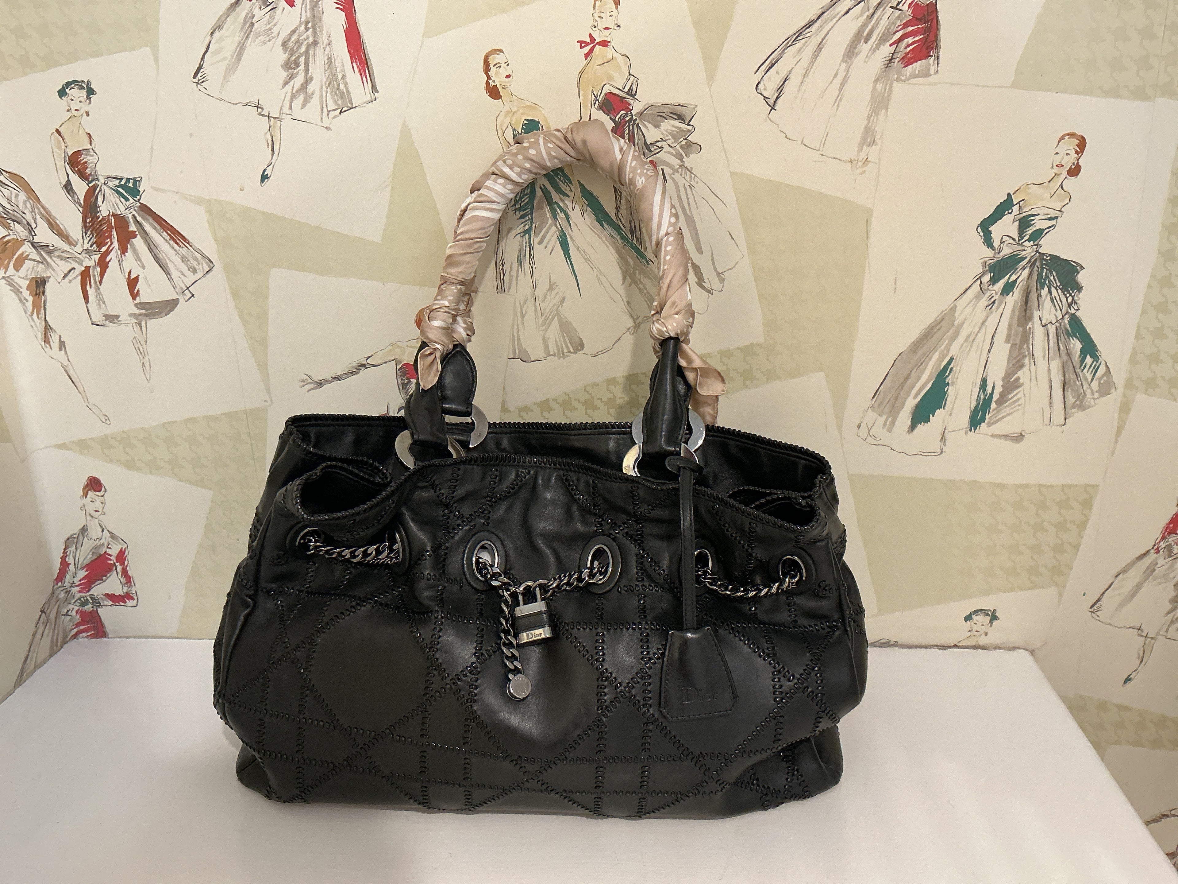 CHRISTIAN DIOR Cannage Panarea Black Leather Tote DAMAGED HANDLE