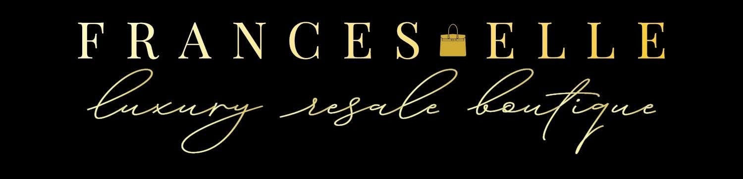 Gold logo reading 'Frances Elle" with a handbag between the two words. Subtext says 'Luxury Resale Boutique'