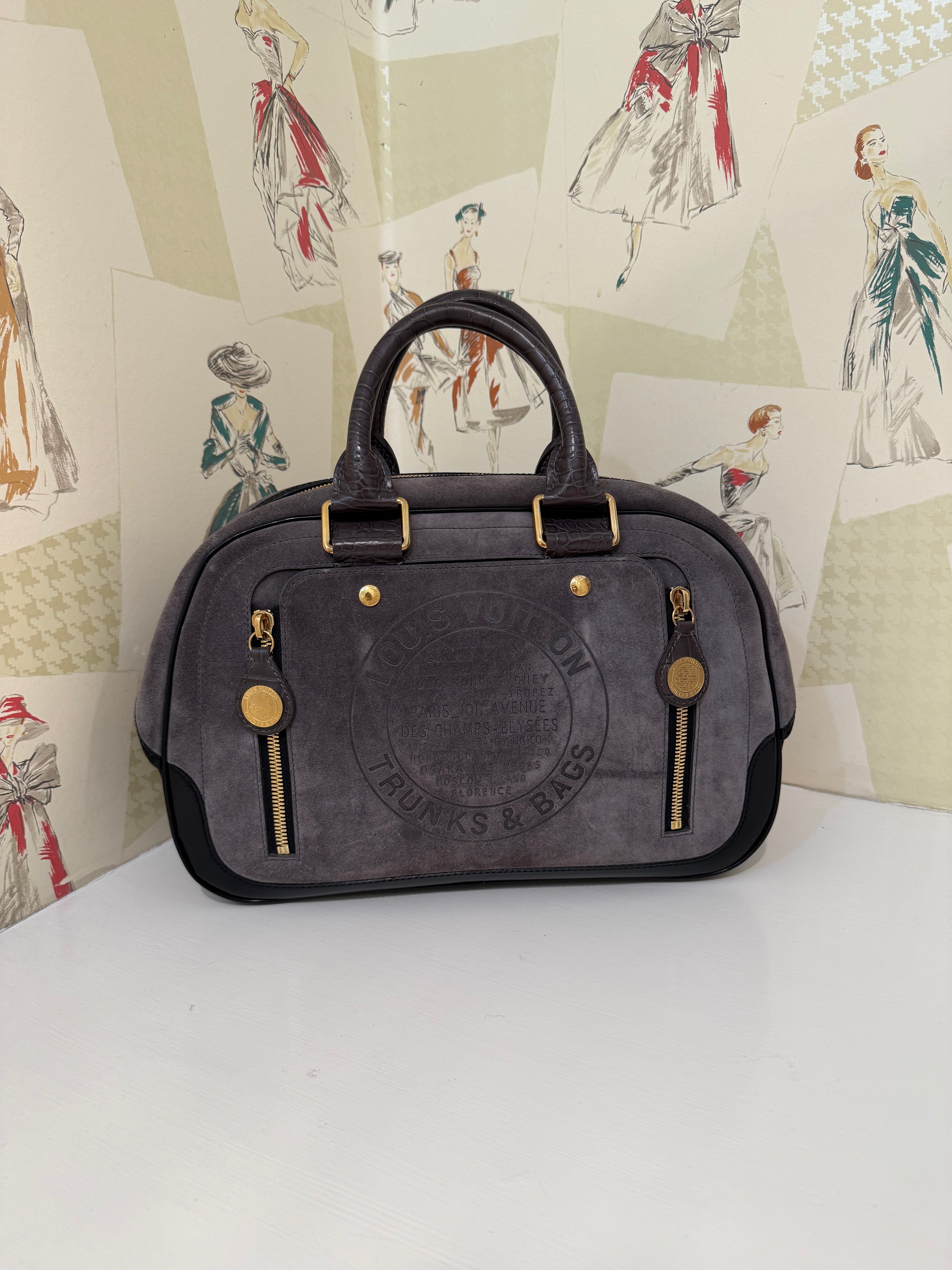 Louis Vuitton Suede Havane Stamped Trunk Bowling Bag, Grey