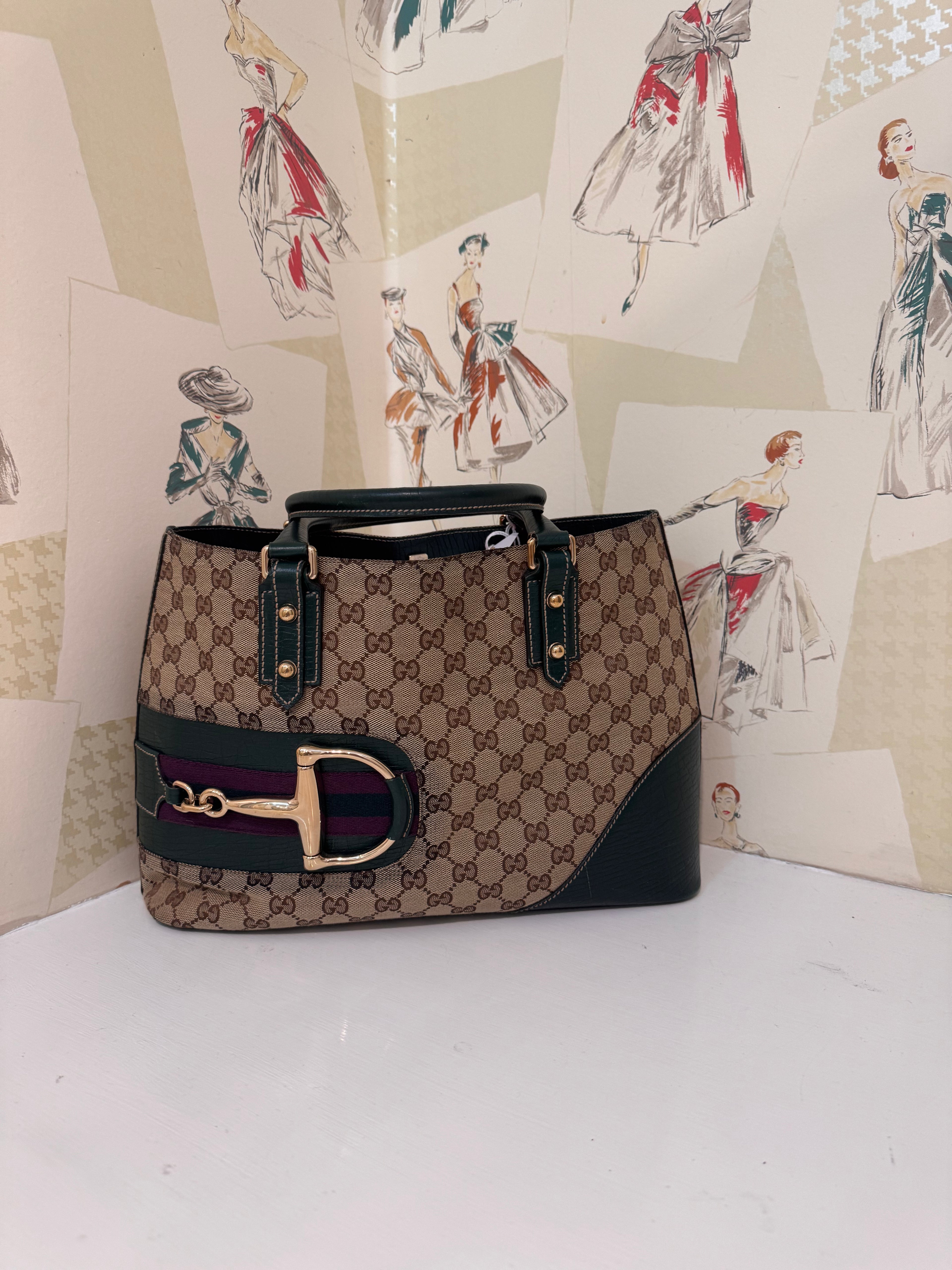 Gucci Canvas Hasler Tote, Horsebit, Brown w/ Green
