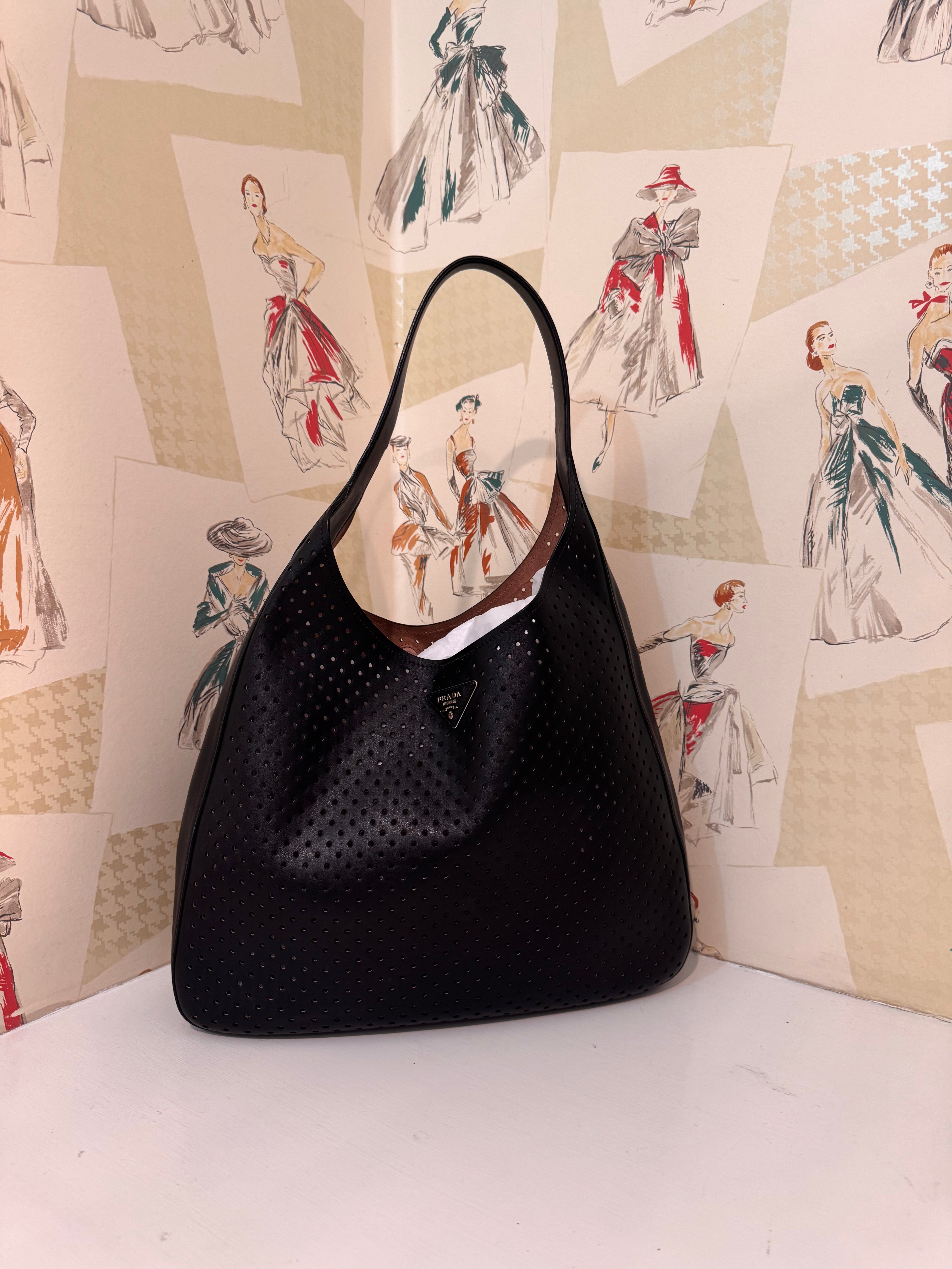 Prada Perferated Signature Hobo Bag, Large, Black