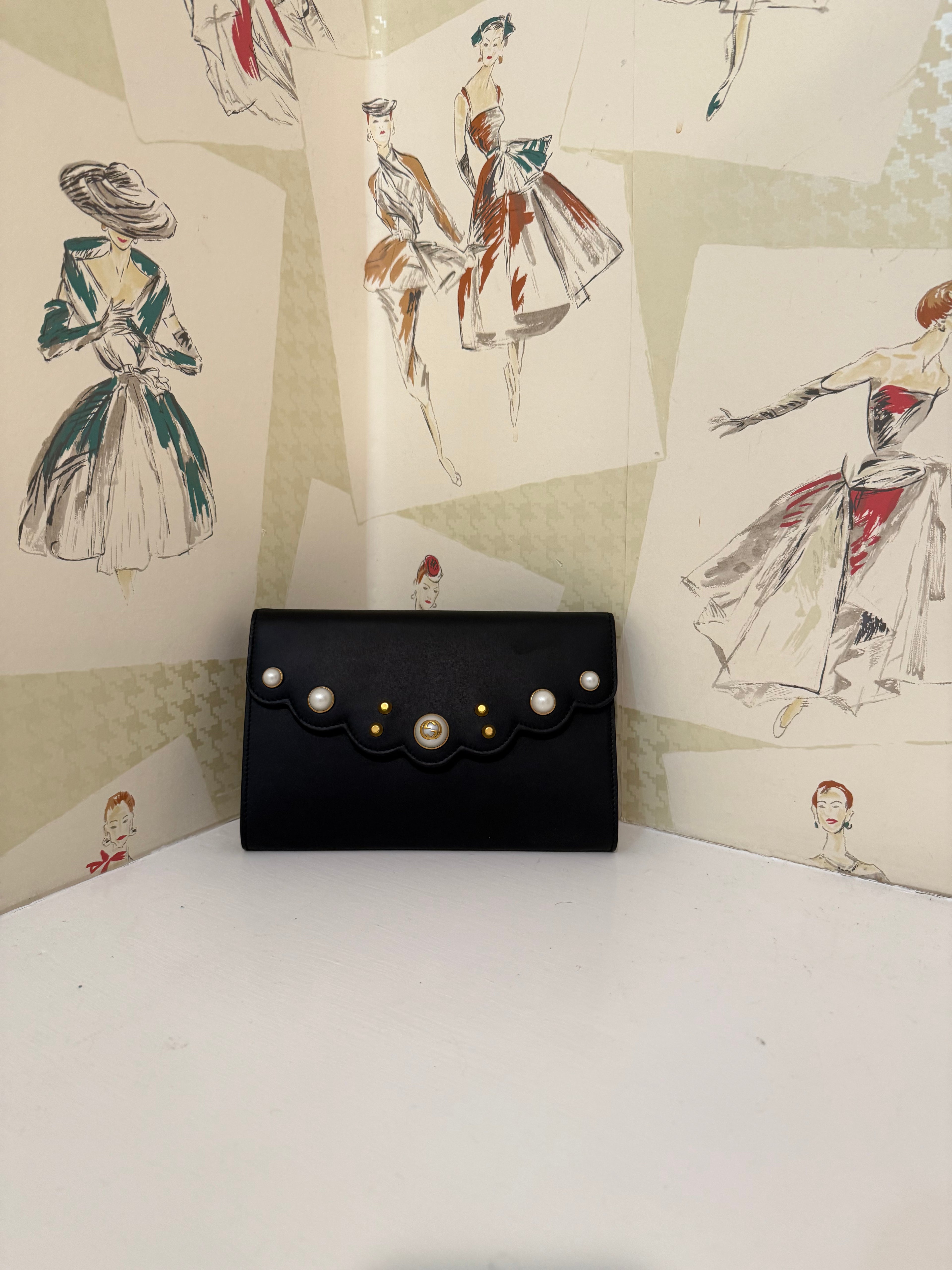 Gucci Black Clutch w/ Pearl and Scallop flap