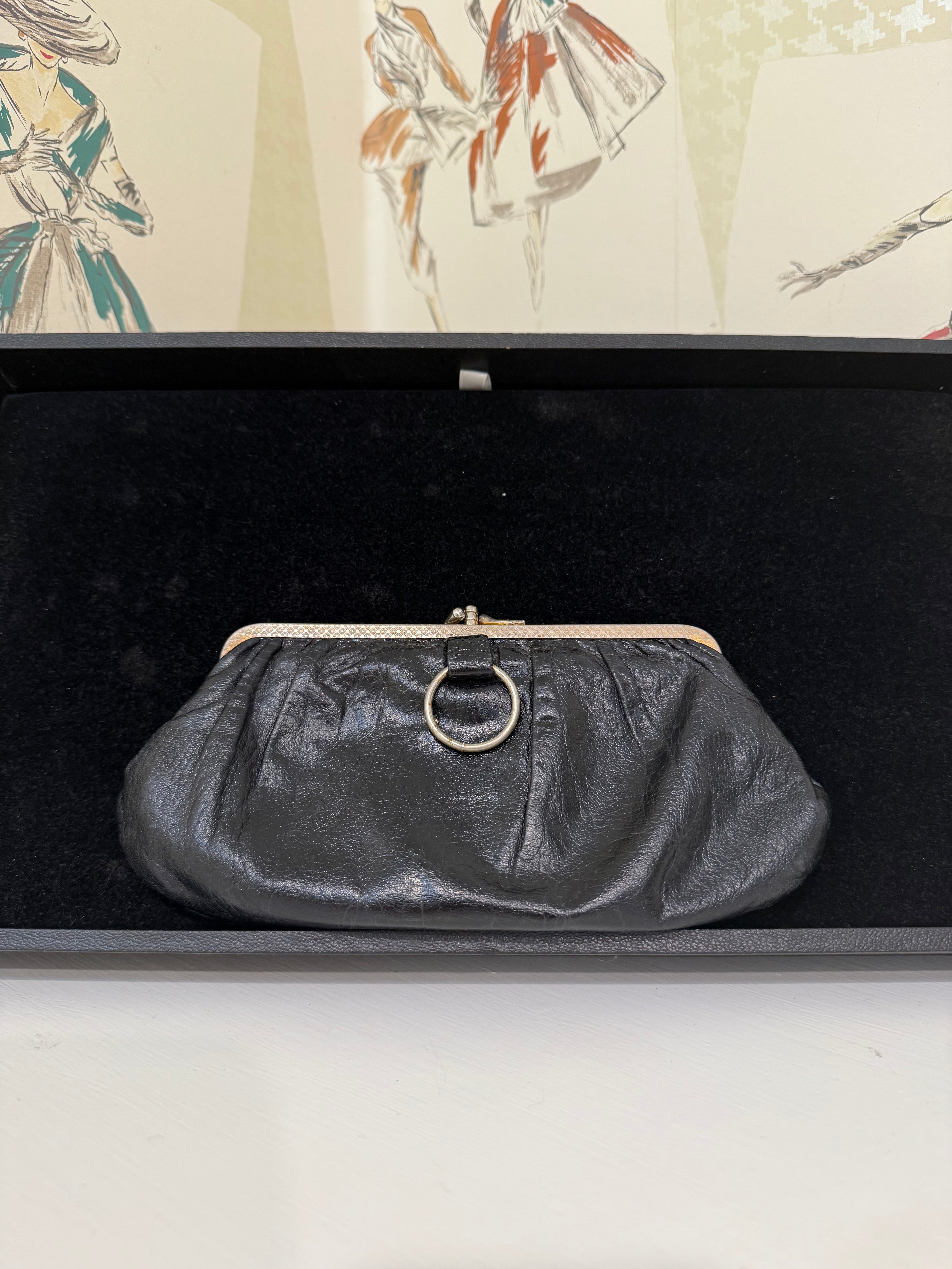 Antique Long Parisian Coin Purse, Black Leather