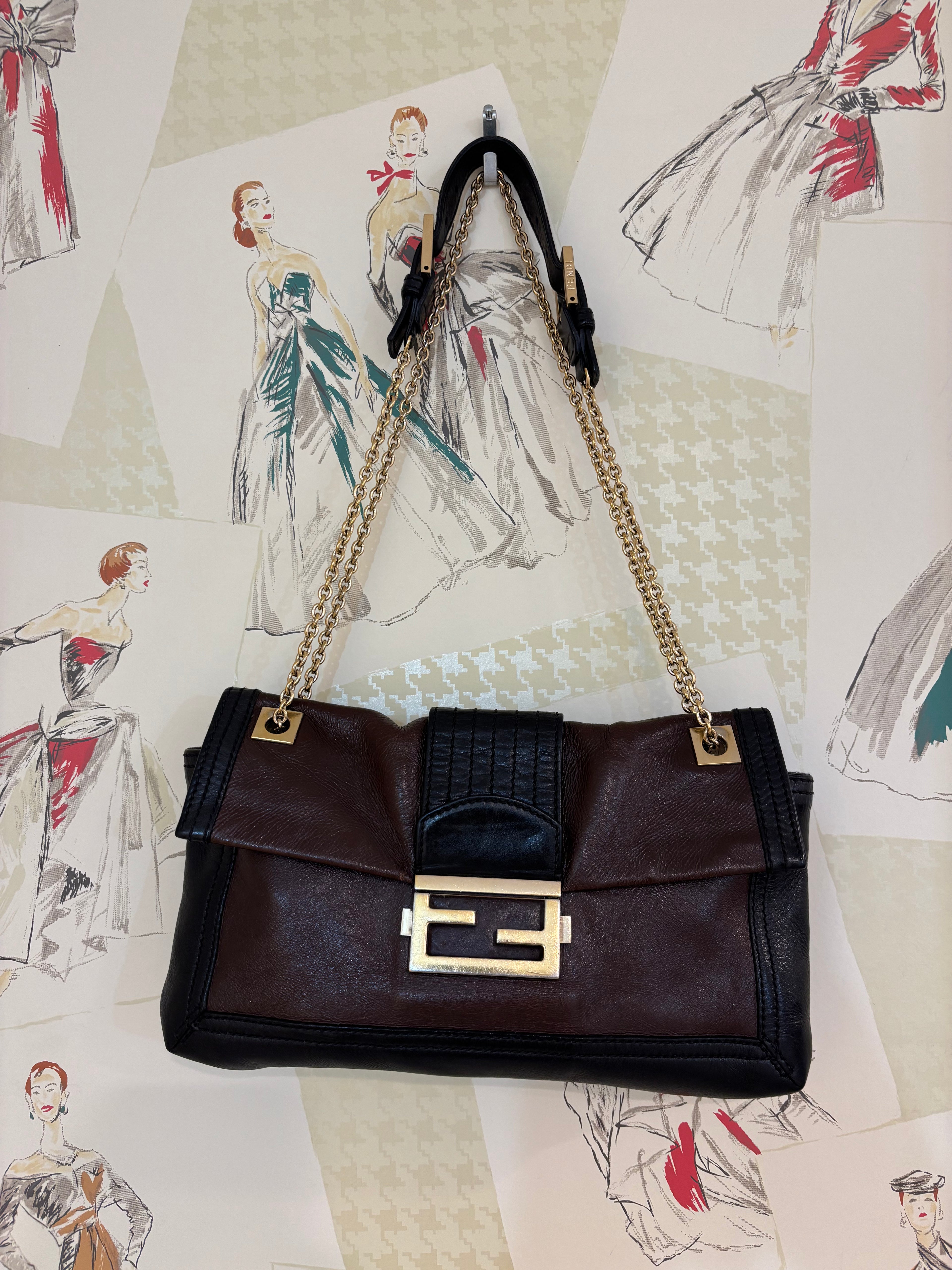 Fendi Leather Baguette, Vintage 2009, Brown & Black w/ Gold