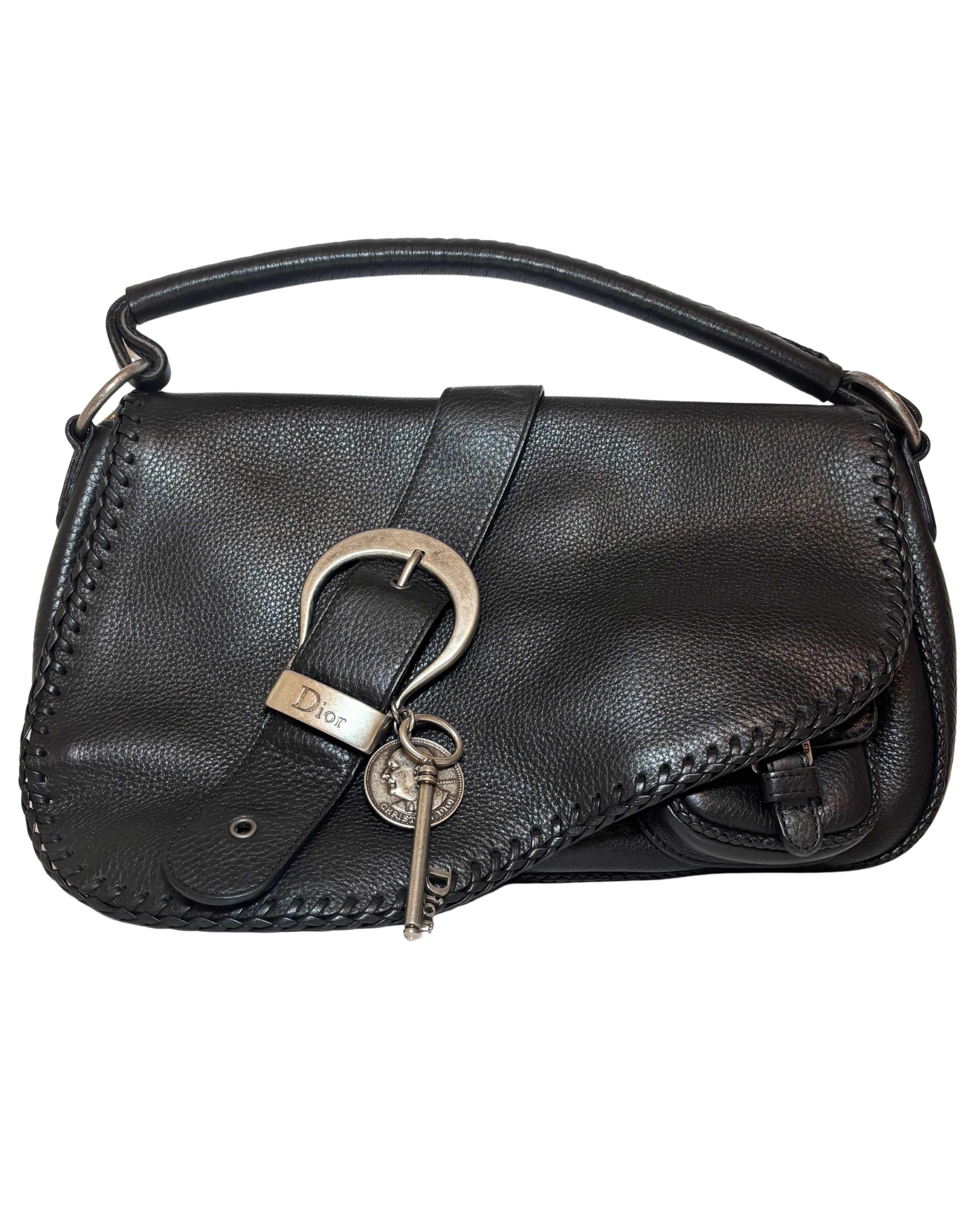 Christian Dior Vintage Saddle Bag, Black with silver key and coin hardware