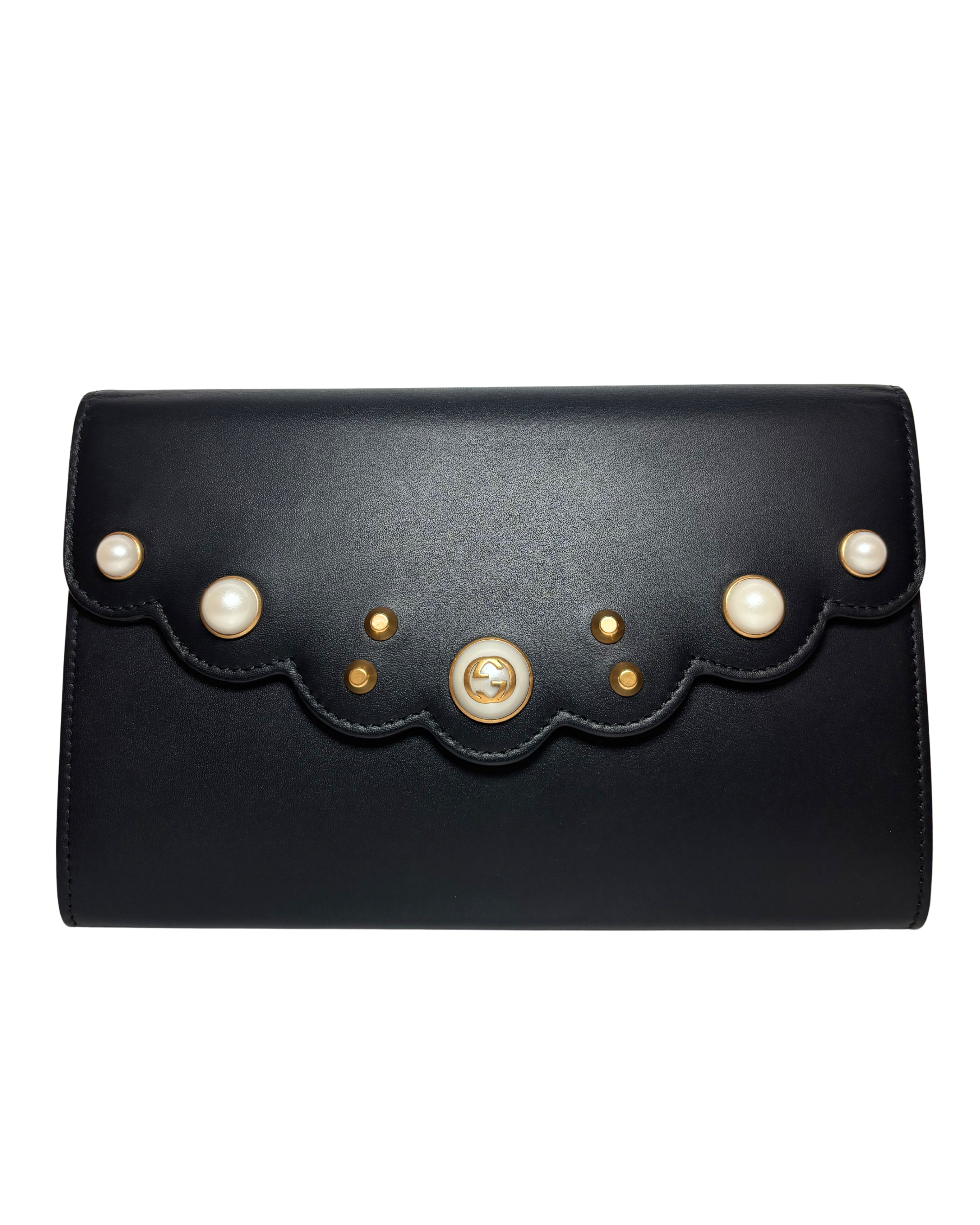 Gucci Black Clutch w/ Pearl and Scallop flap