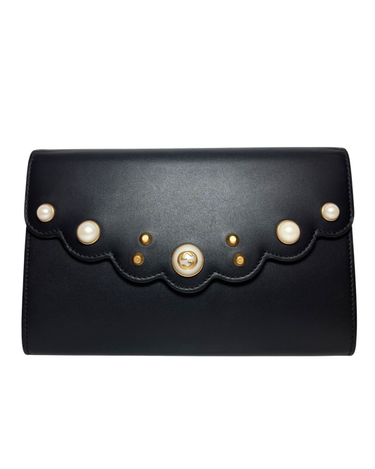 Gucci Black Clutch w/ Pearl and Scallop flap