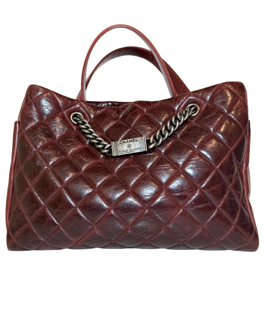 Chanel Quilted Nameplate Tote, Burgundy