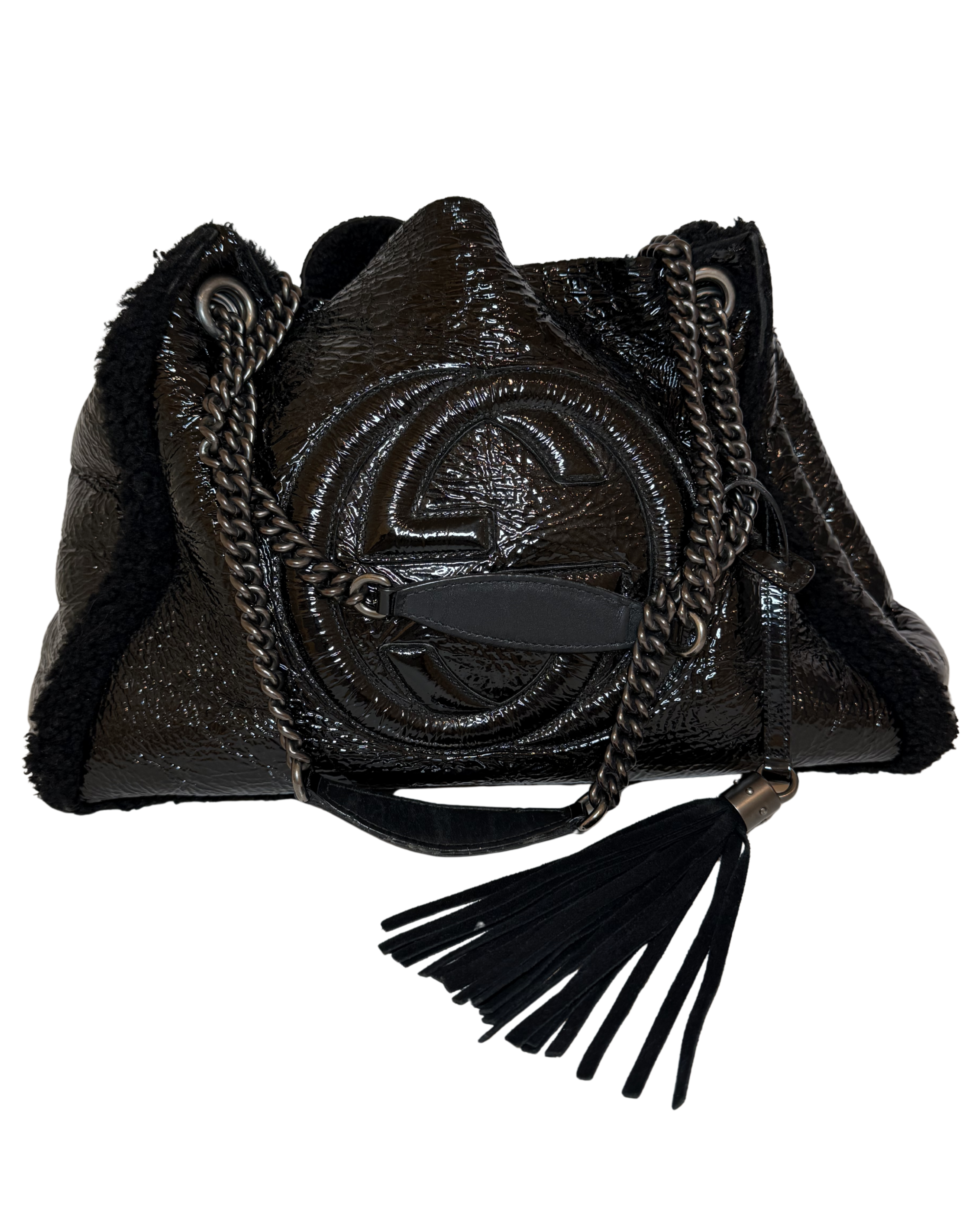 Gucci Interlocking G Soho, Black Patent Leather w/ Shearling accent and gunmetal