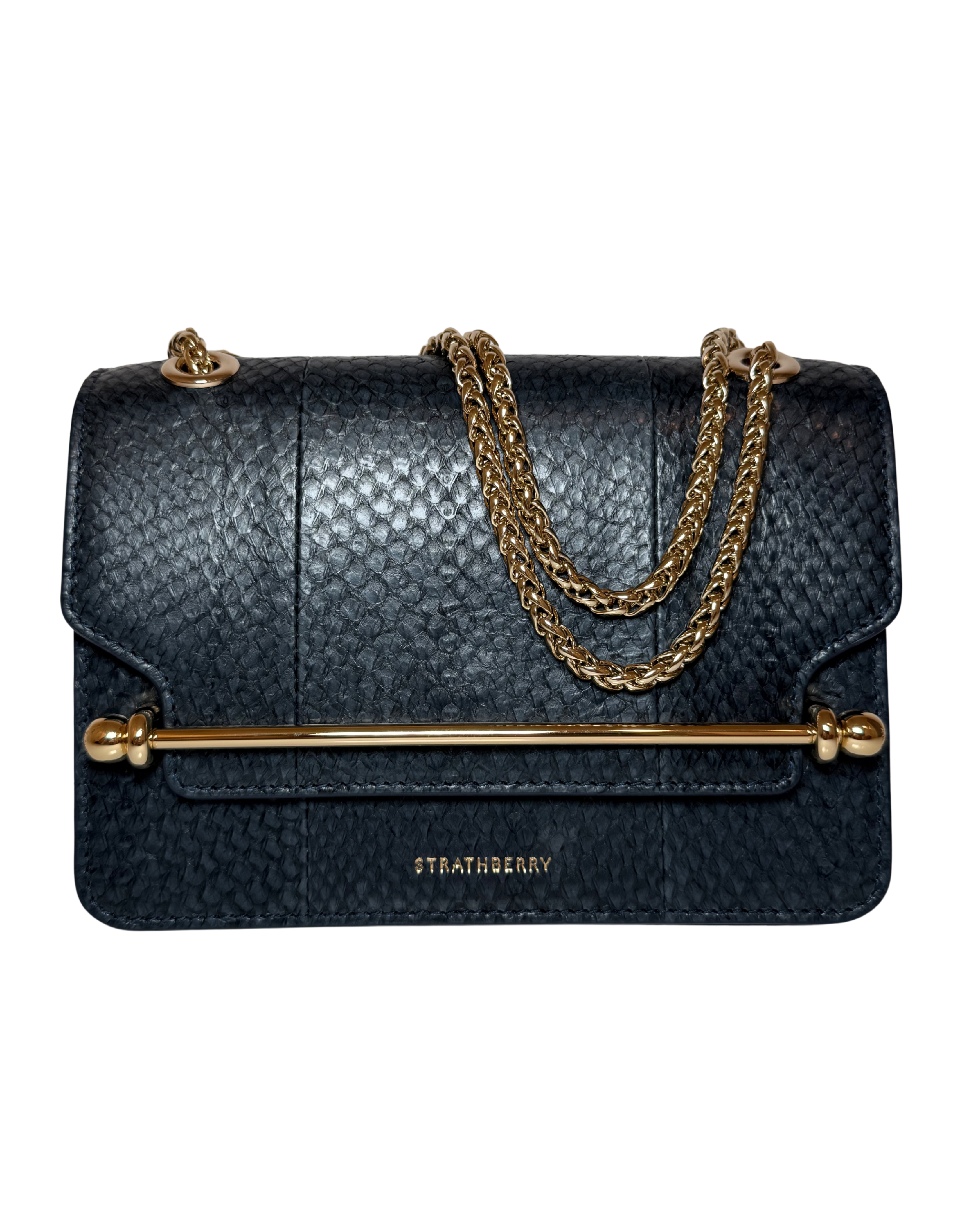 Strathberry Mini Shoulder Bag, Navy with Gold