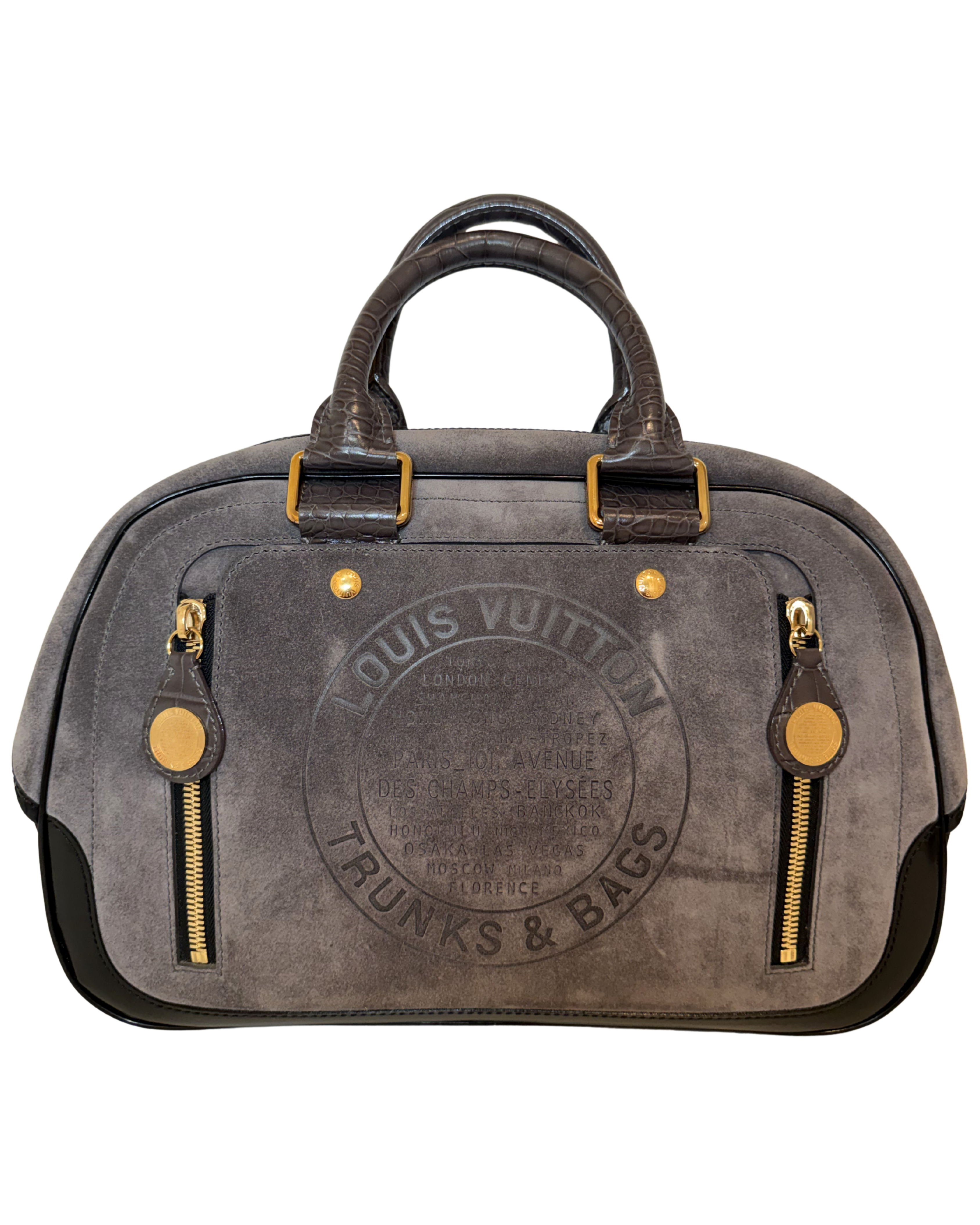 Louis Vuitton Suede Havane Stamped Trunk Bowling Bag, Grey
