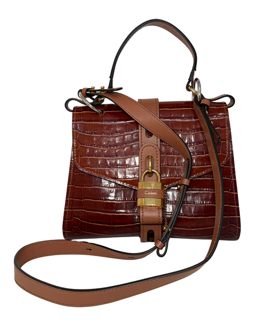 Chloé Embossed Leather Satchel w/ Strap, Alligator, Brown