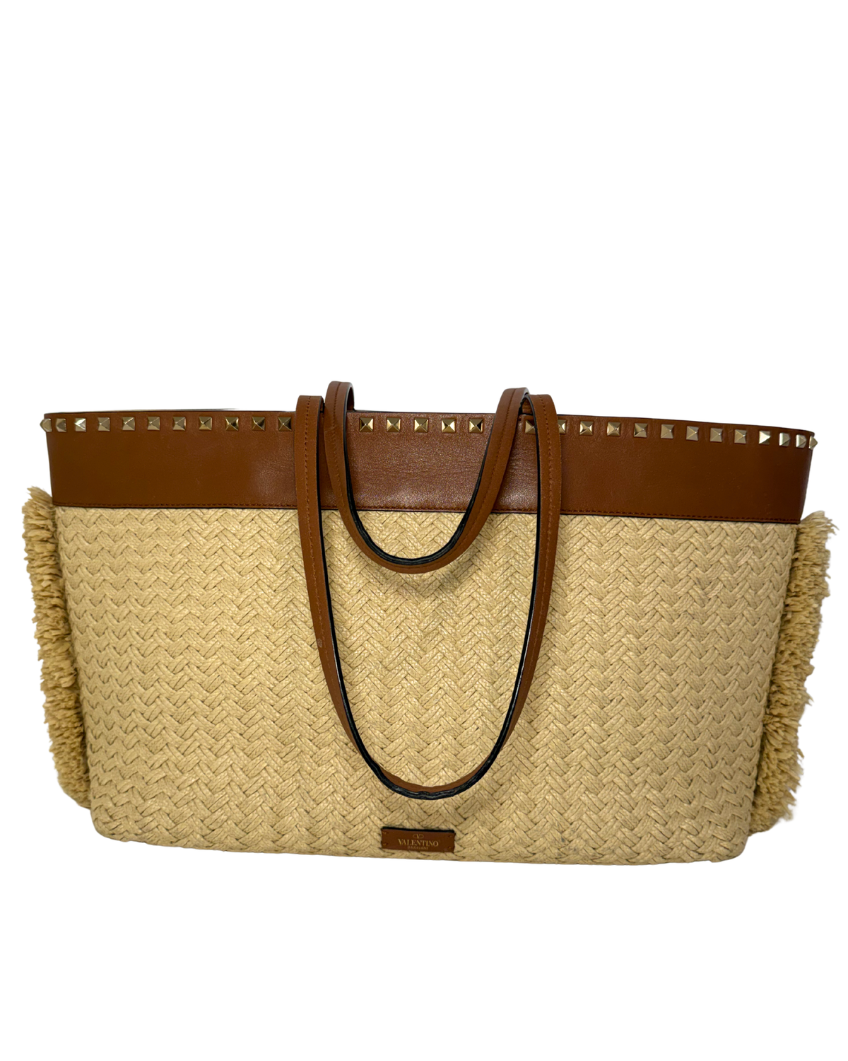 Valentino Raffia Rockstud Tote w/ Fringe