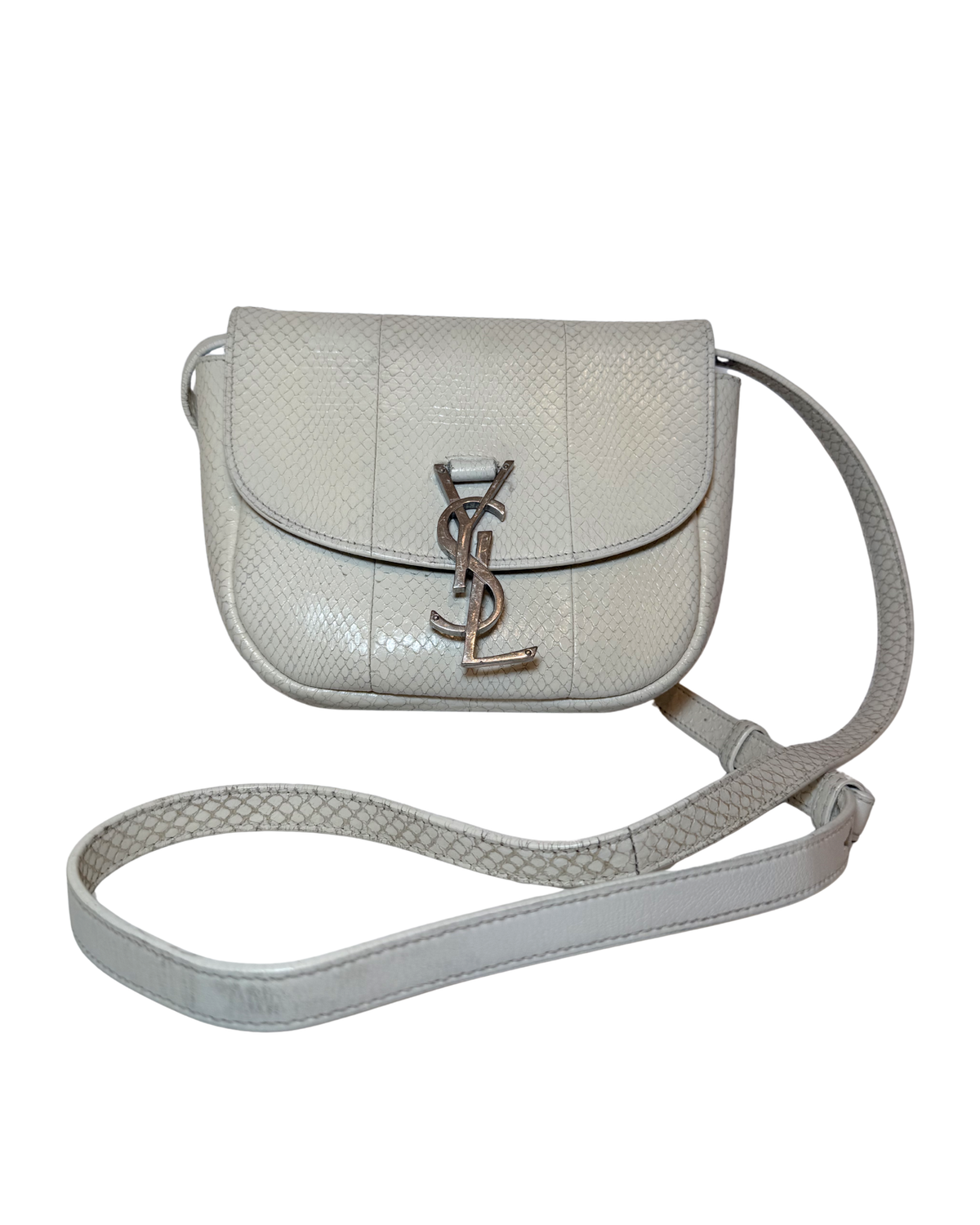 Saint Laurent Snakeskin Small Crossbody Bag, White w/ Silver
