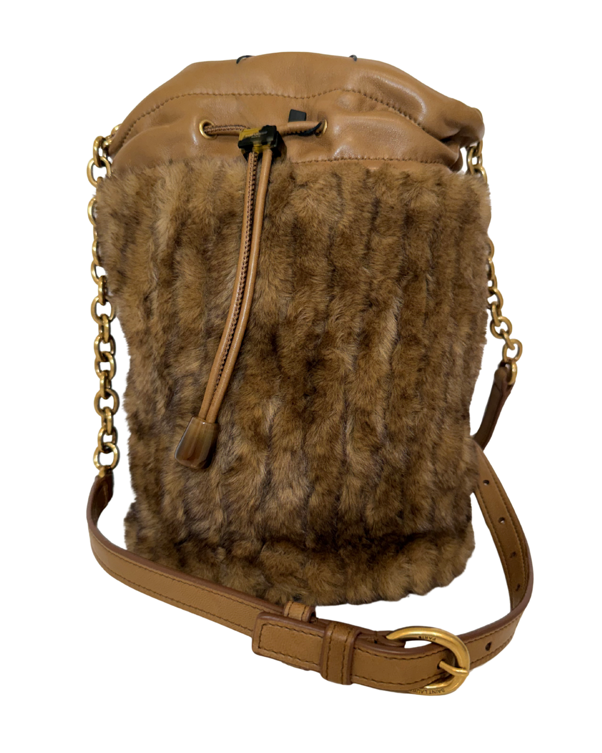 Saint Laurent Leather and Faux Fur Bucket Bag