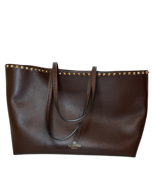 Valentino Rockstud Tote, Brown Leather