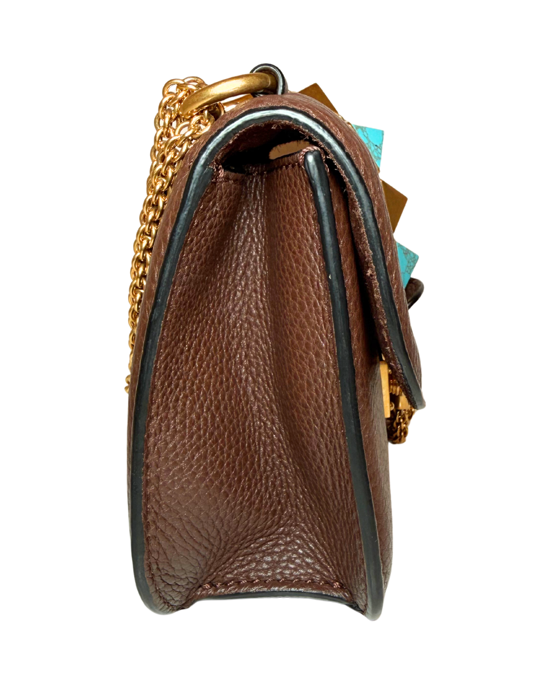 A close-up side view of a brown pebbled leather handbag with black trim, a gold chain strap, and a gold ring detail, shown against a plain white background.