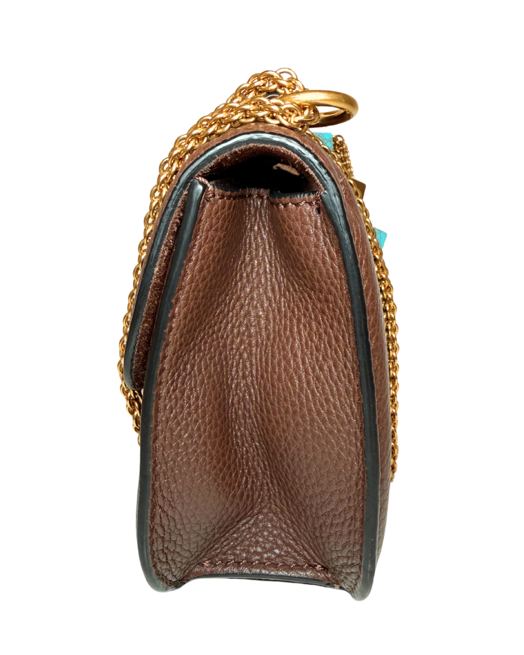 A close-up side view of a brown pebbled leather handbag with black trim, a gold chain strap, and a gold ring detail, shown against a plain white background.